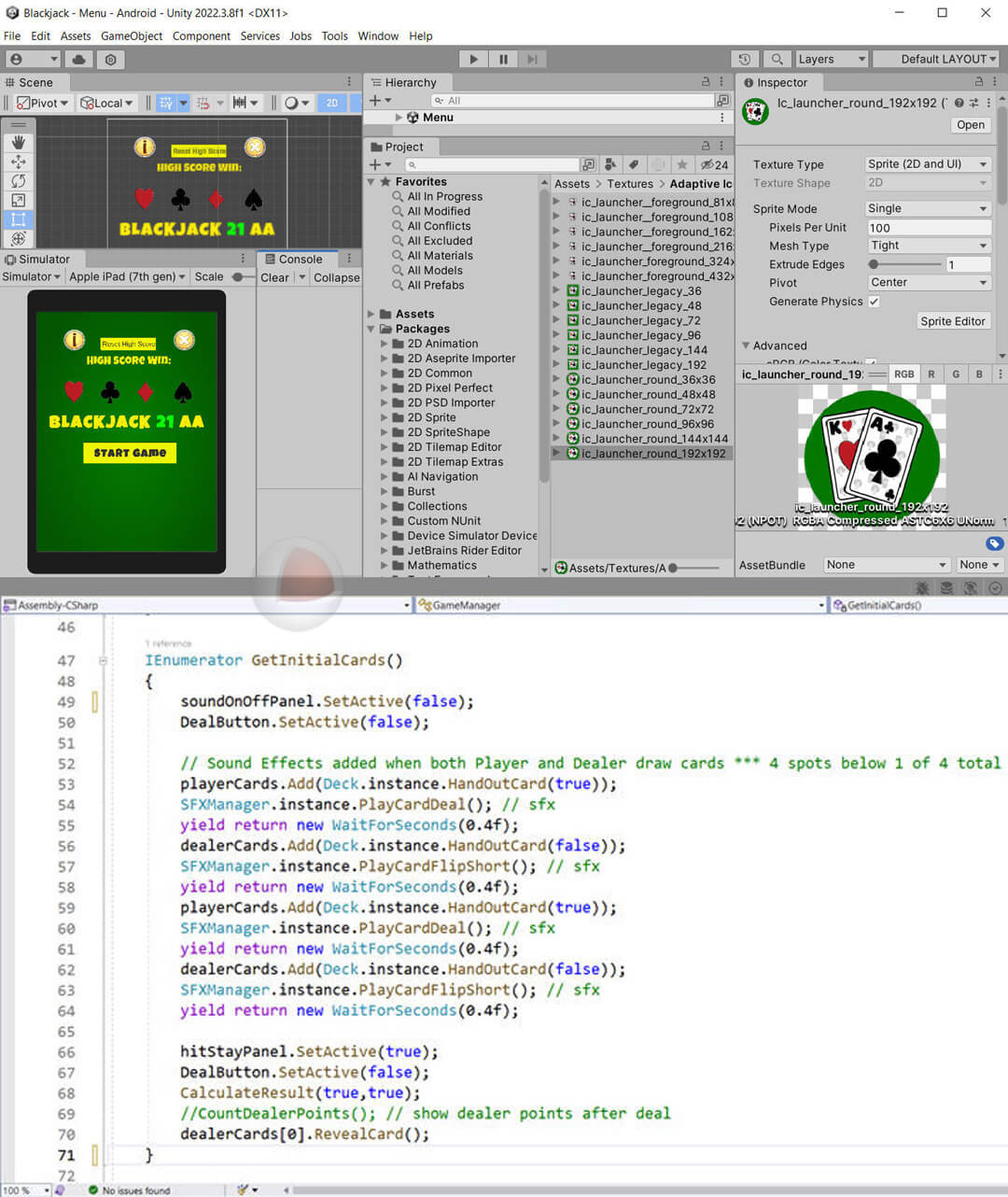 Blackjack 21 AA development screens