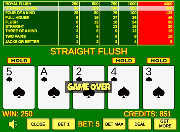 Video Poker Jacks or Better Straight Flush
